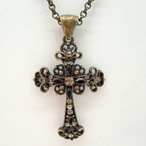 Lia Sophia Cross Necklace With Black  Rhinestone Gold Tone Pendant